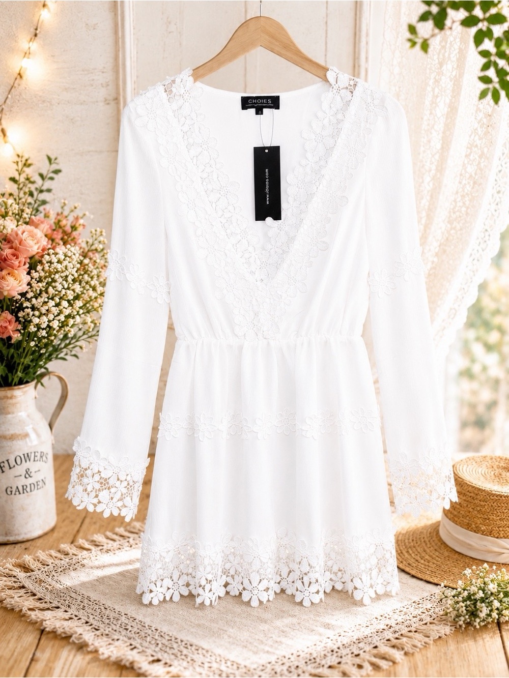 Choies White Lace V-Neck Long Sleeve Mini Dress